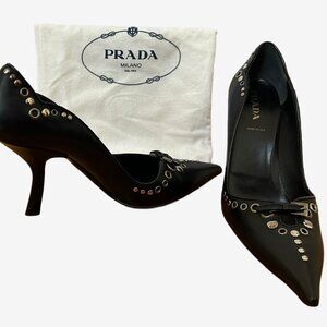 PRADA BLACK LEATHER HEELS WITH STUDS SIZE 38 1/2 (8.5 US) MADE IN ITALY